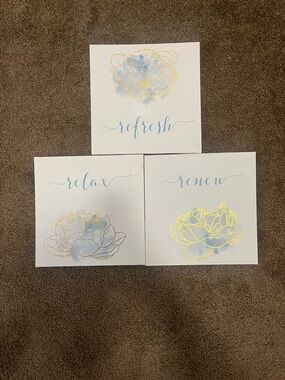 Set of 3 Floral Wall Canvases - "refresh, relax, renew" in Blue & Gold
